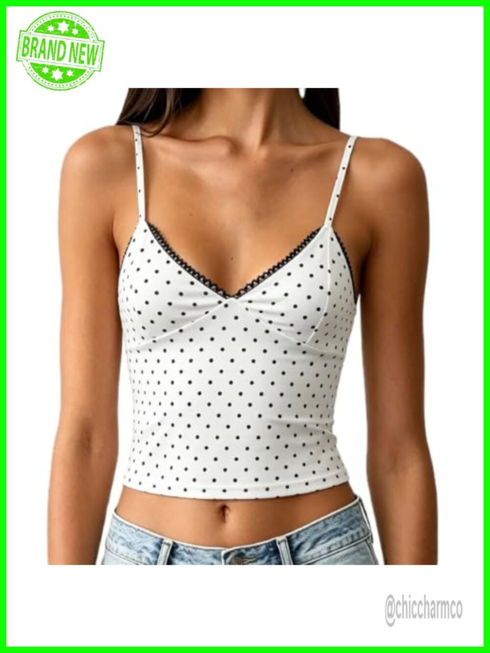 Lace Trim V-Neck Cropped Cami Tank Top Polka Dot Sleeveless Women's